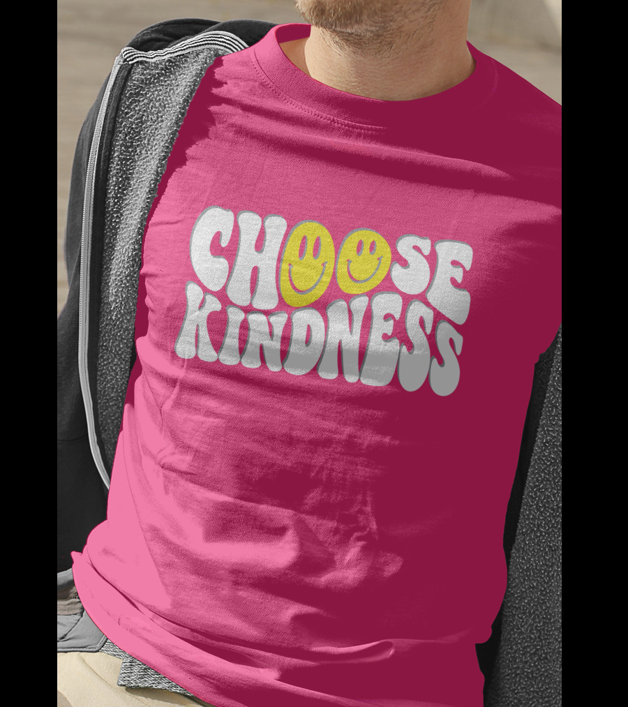Miss Natali S Choose Kindness Smiley Face Groovy Font Pink Background T-Shirt
