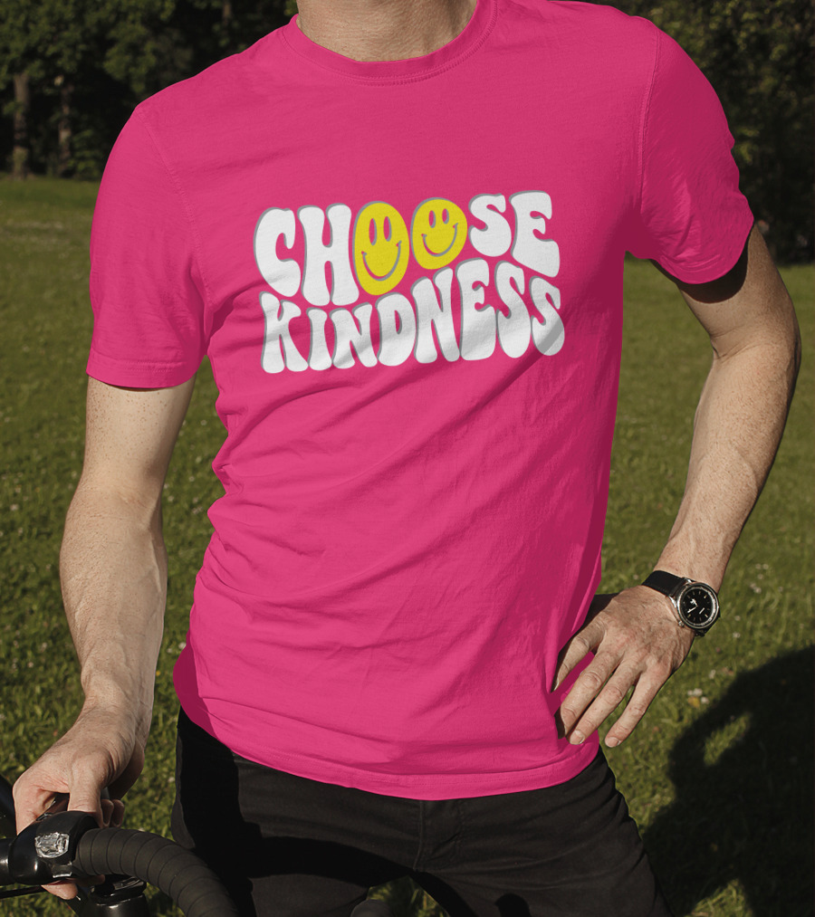 Miss Natali S Choose Kindness Smiley Face Groovy Font Pink Background T-Shirt