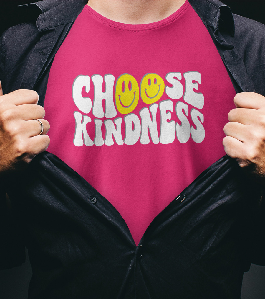 Miss Natali S Choose Kindness Smiley Face Groovy Font Pink Background T-Shirt