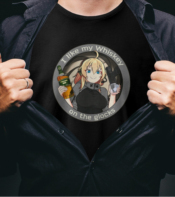 Waifu Dynamics Merch Whiskey Glocks Anime Character I Like My Whiskey T-Shirt