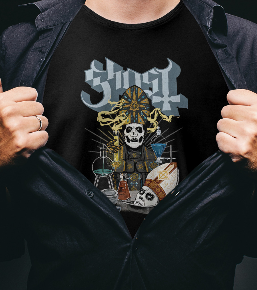 Ghost Reanimator Iconic Alchemy Imagery With Skull In Clerical Garb T-Shirt