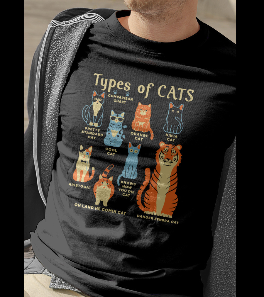 Types Of Cats Comparison Chart Pretty Standard Cat Orange Cat Ninja Cat Cool Cat Aristocat Danger Zenbra Cat Knows How You Die Cat Oh Land He Comin Cat T-Shirt