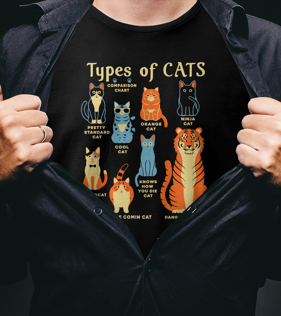 Types Of Cats Comparison Chart Pretty Standard Cat Orange Cat Ninja Cat Cool Cat Aristocat Danger Zenbra Cat Knows How You Die Cat Oh Land He Comin Cat T-Shirt