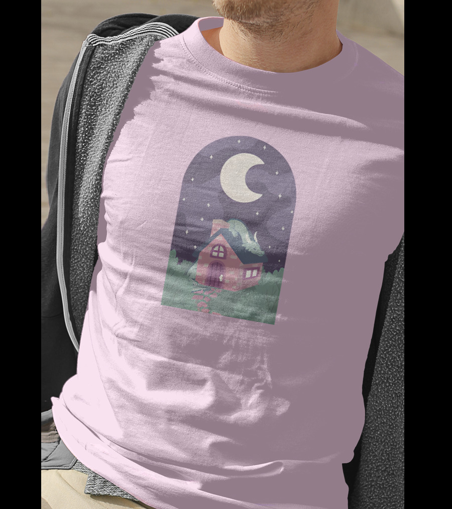 Sleepy Draginn Under Night Sky Crescent Moon Pastel Cottage T-Shirt