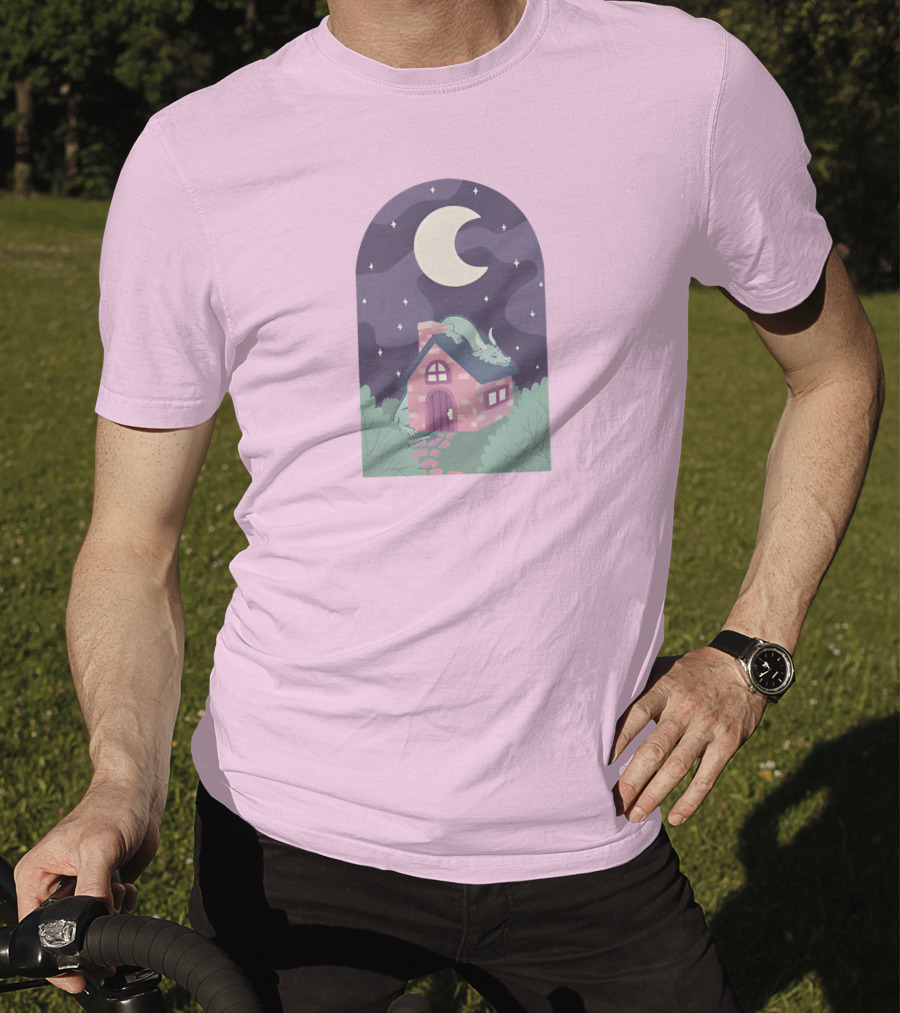 Sleepy Draginn Under Night Sky Crescent Moon Pastel Cottage T-Shirt