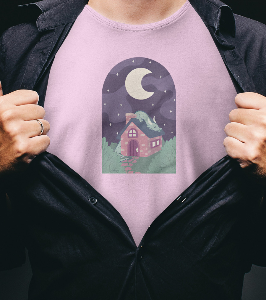 Sleepy Draginn Under Night Sky Crescent Moon Pastel Cottage T-Shirt