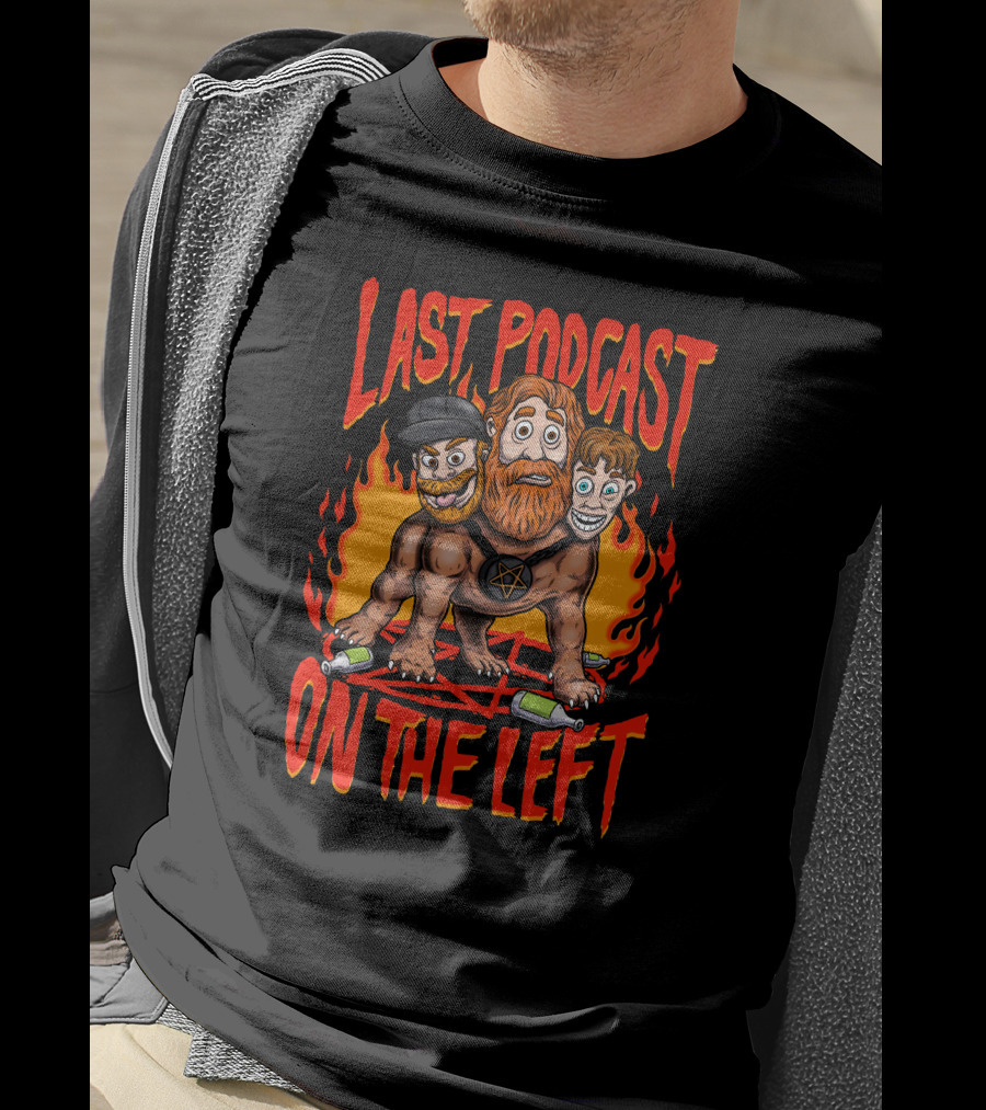 Last Podcast On The Left Hellhound Fire Pentagram Three-Headed Cartoon T-Shirt