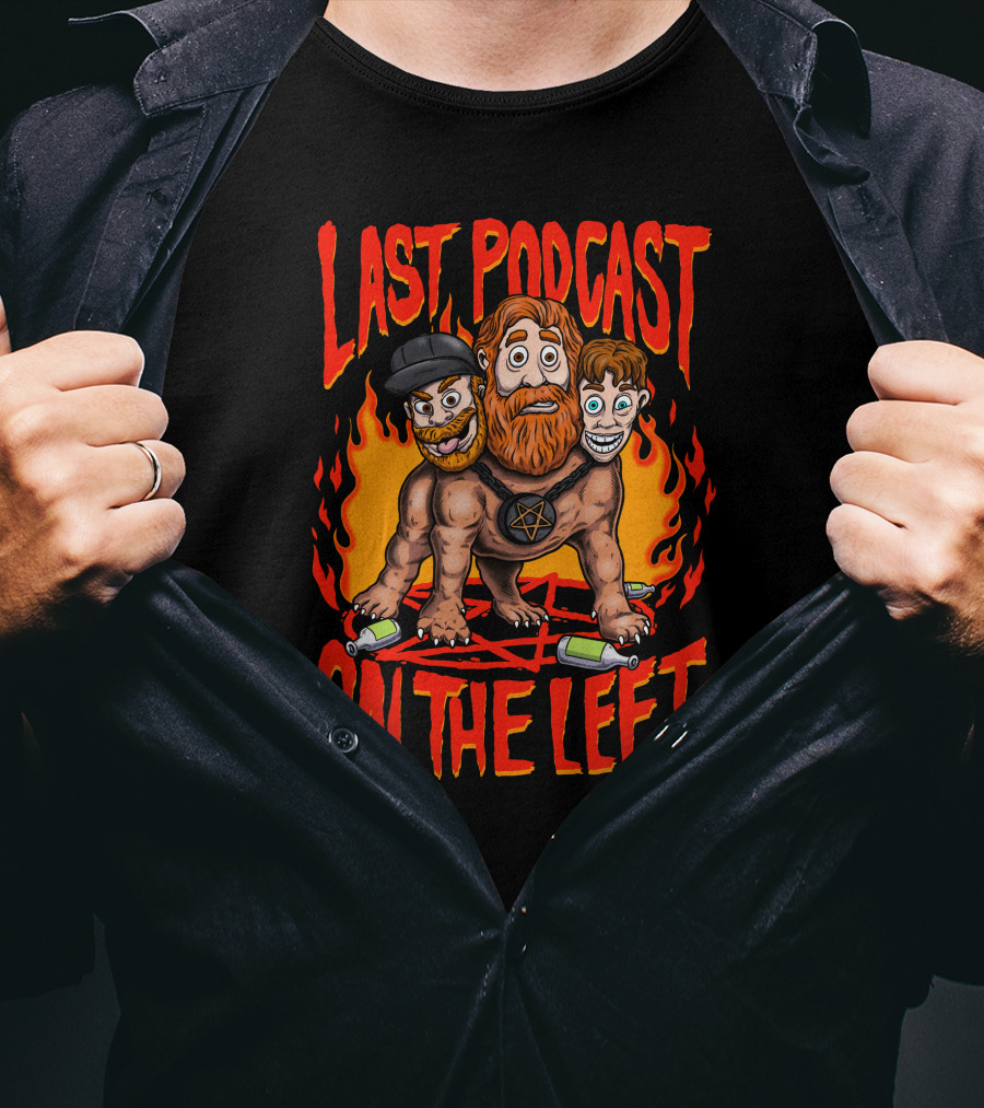 Last Podcast On The Left Hellhound Fire Pentagram Three-Headed Cartoon T-Shirt