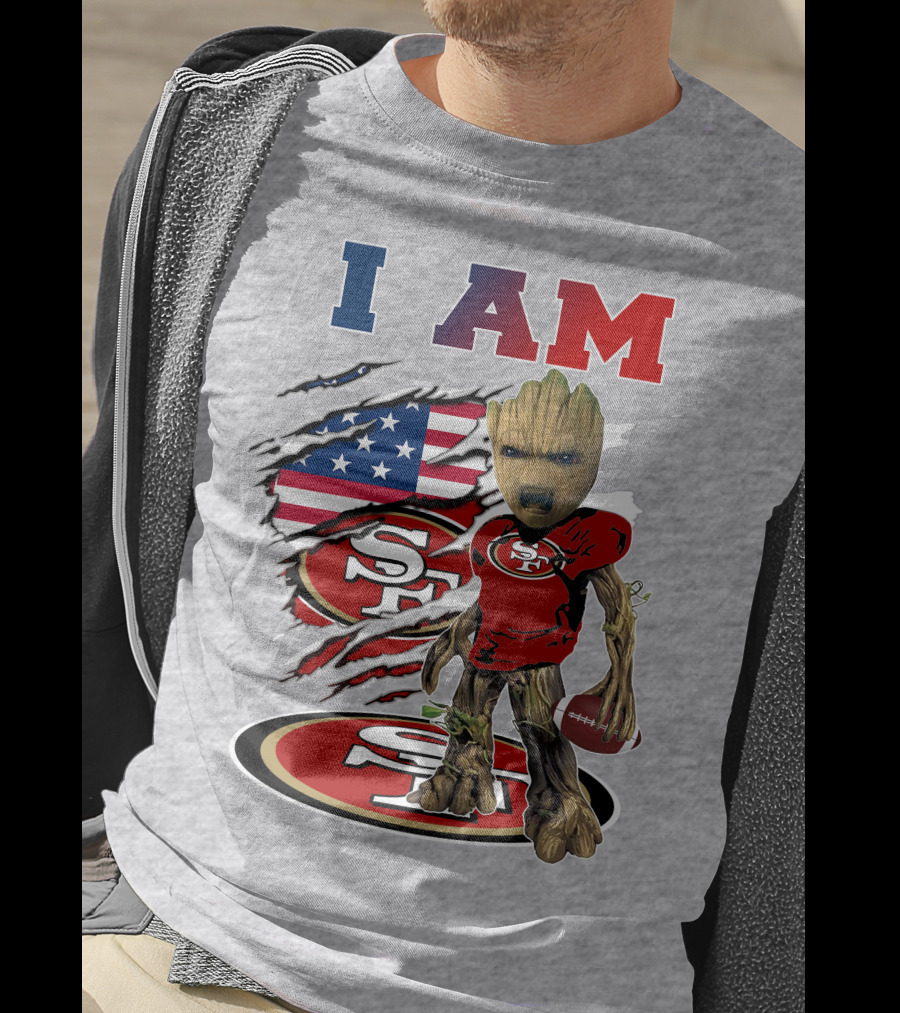 I Am 49ers Baby Groot Football Usa Flag Swoosh T-Shirt