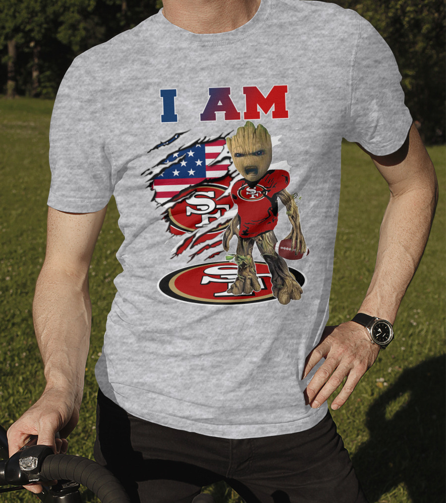 I Am 49ers Baby Groot Football Usa Flag Swoosh T-Shirt