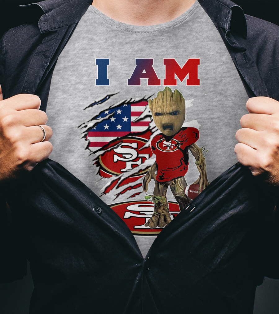 I Am 49ers Baby Groot Football Usa Flag Swoosh T-Shirt