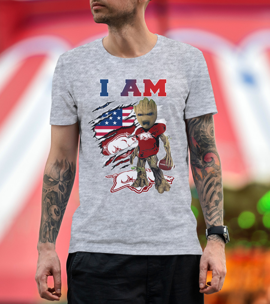 I Am Baby Groot Arkansas Razorbacks Football Usa Flag T-Shirt