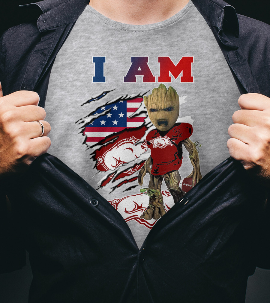 I Am Baby Groot Arkansas Razorbacks Football Usa Flag T-Shirt