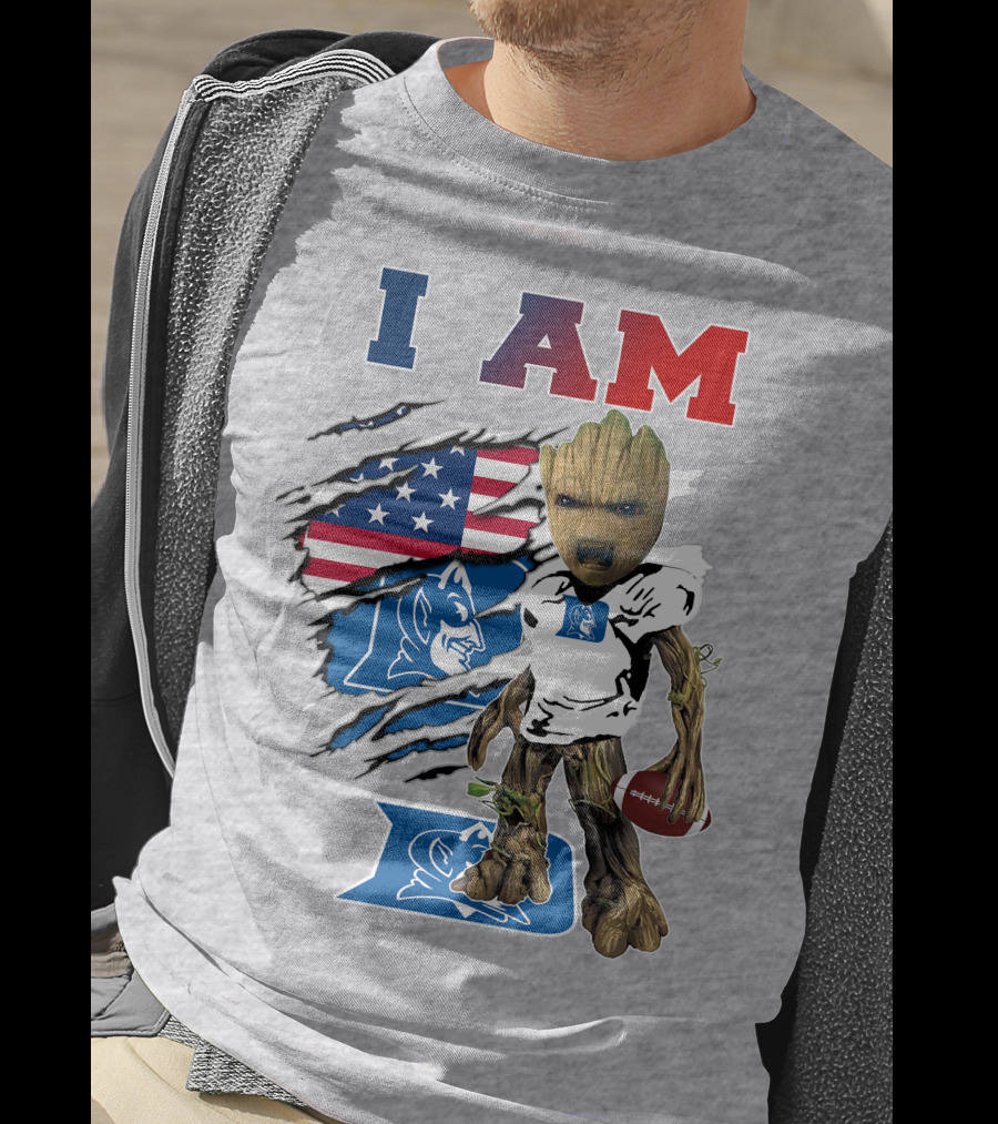 I AM Duke Baby Groot With American Football And Flag Background T-Shirt