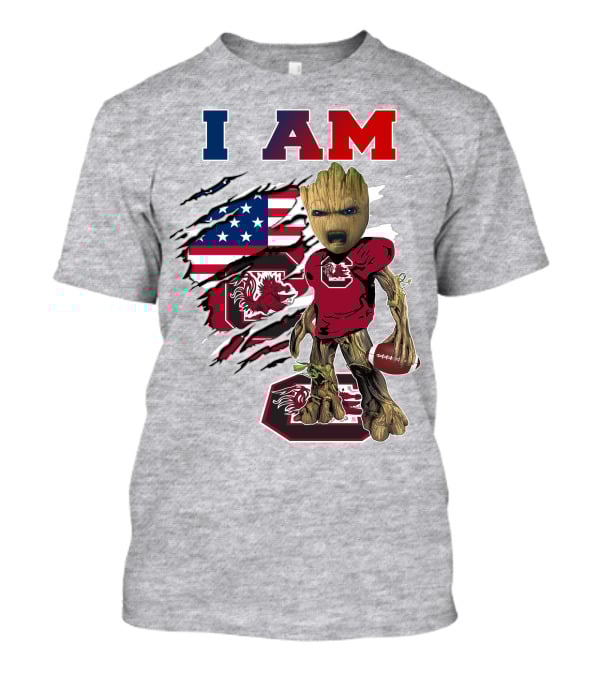 I Am Gamecocks Baby Groot Football American Flag T-Shirt