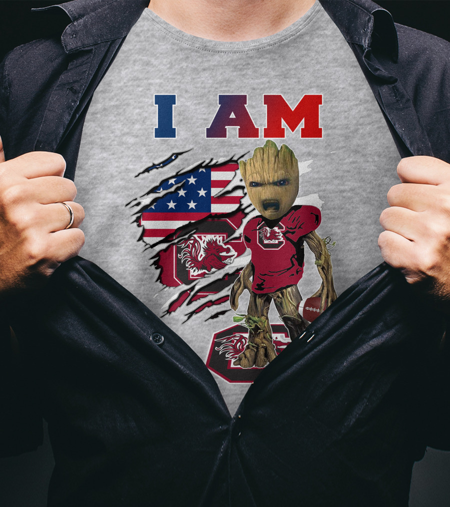 I Am Gamecocks Baby Groot Football American Flag T-Shirt