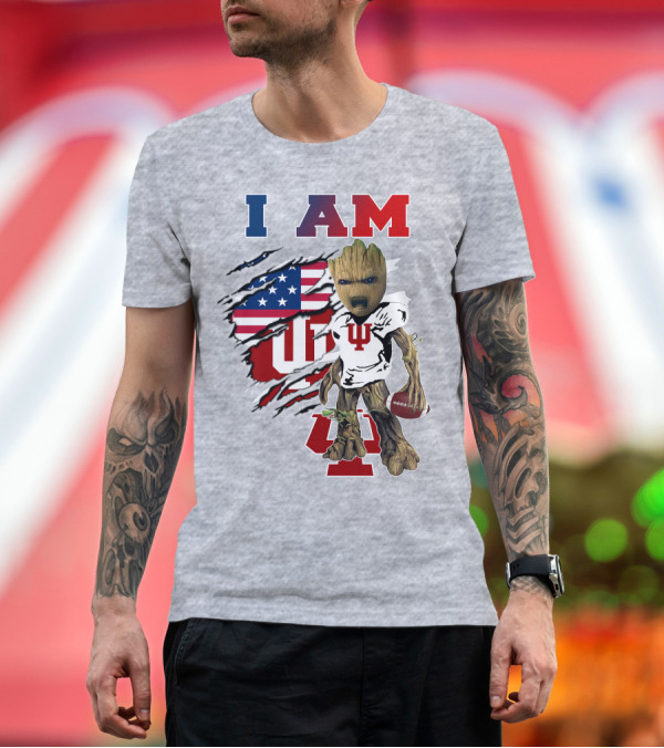 Premium T-Shirt: I AM Indiana University Hosiers Baby Groot Football USA Flag T-Shirt I AM Indiana University Hosiers Baby Groot Football USA Flag T-Shirt