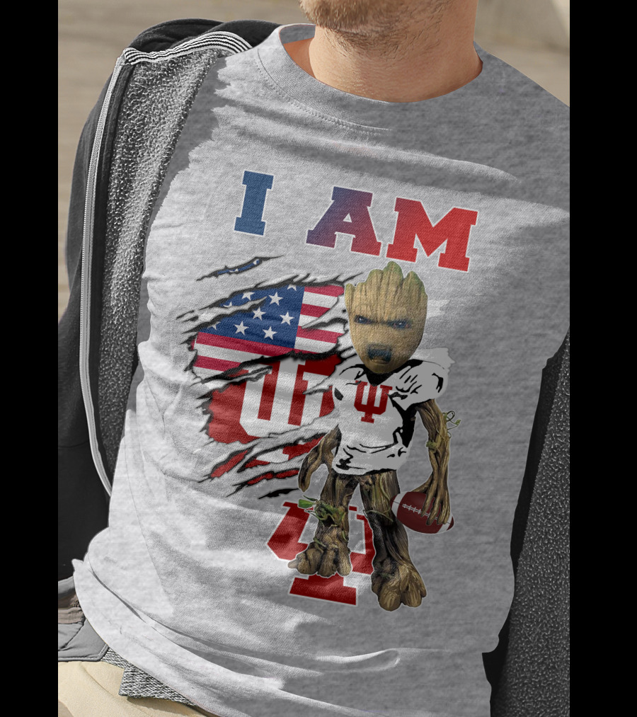I AM Indiana University Hosiers Baby Groot Football USA Flag T-Shirt