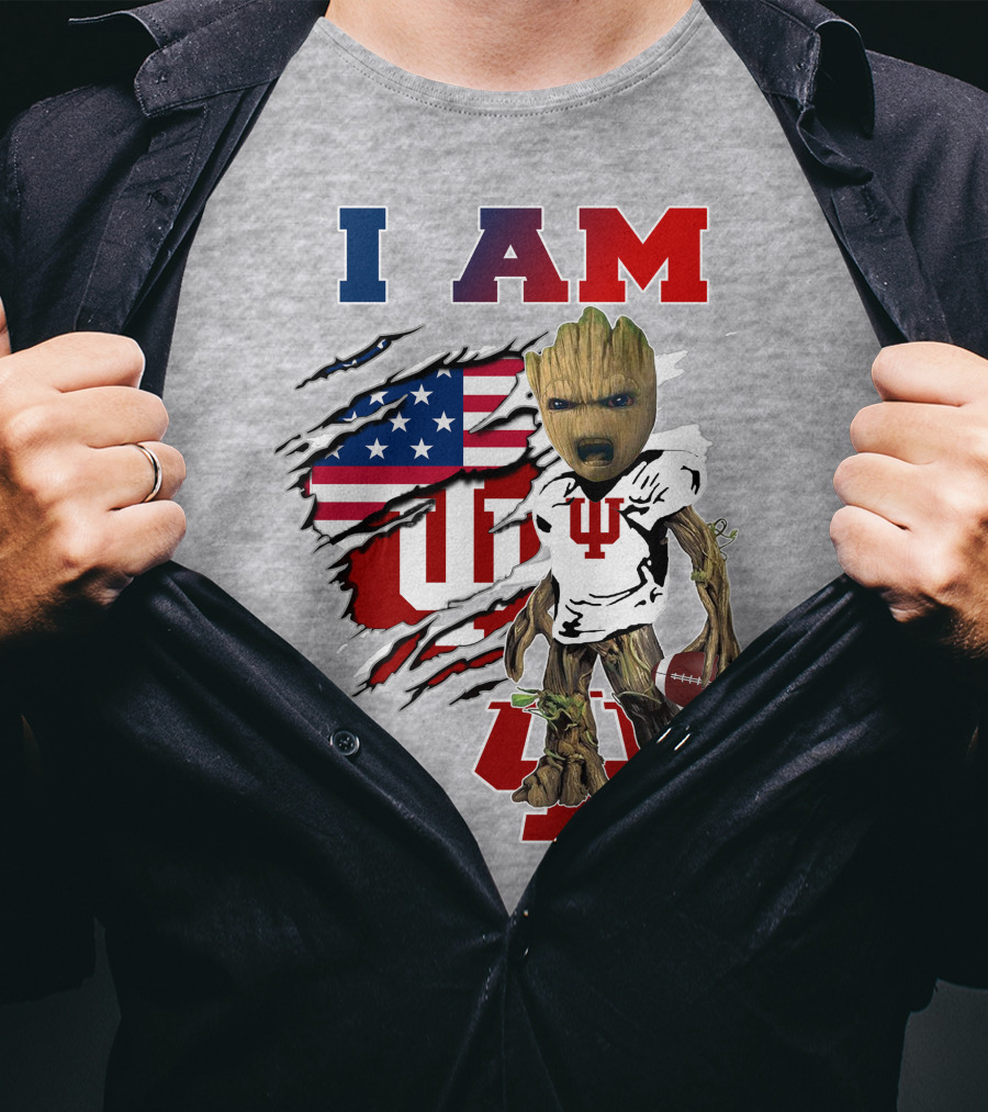 I AM Indiana University Hosiers Baby Groot Football USA Flag T-Shirt