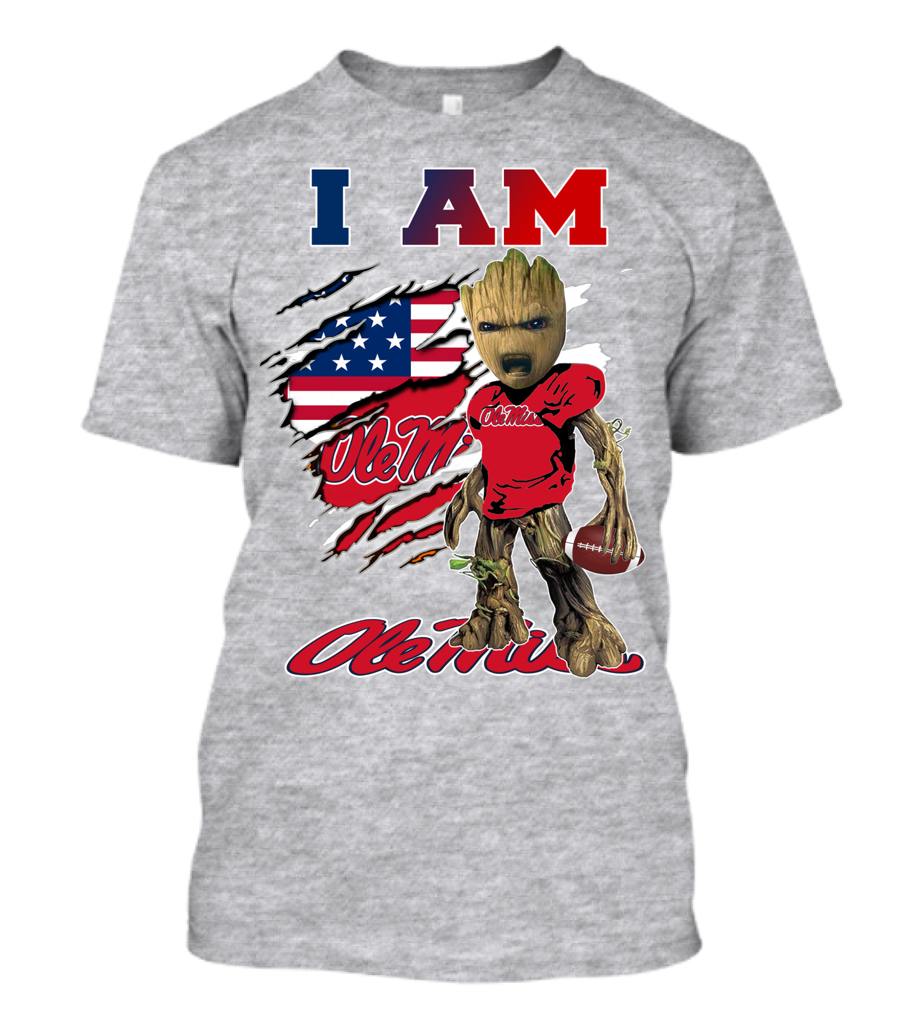 I Am Ole Miss Baby Groot Usa Flag Football T-Shirt