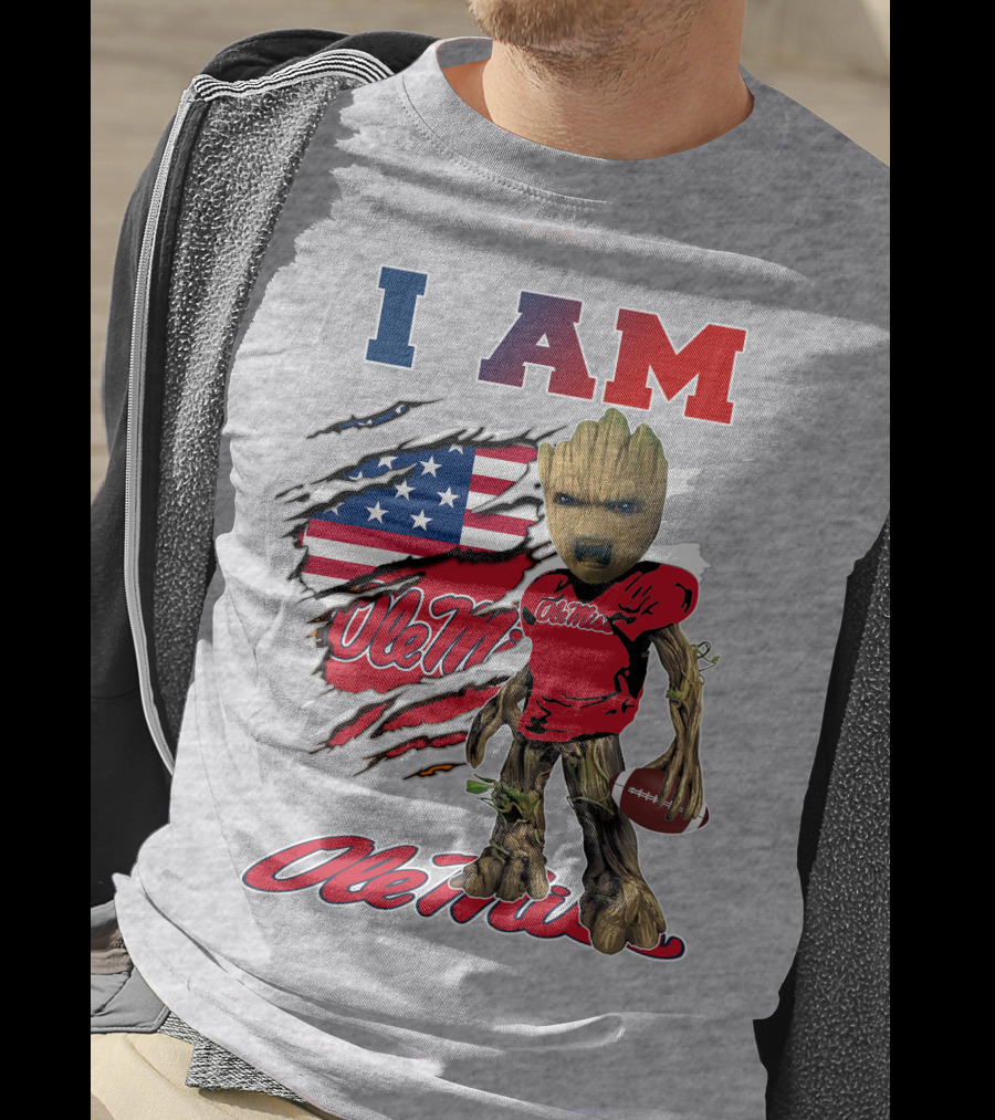 I Am Ole Miss Baby Groot Usa Flag Football T-Shirt