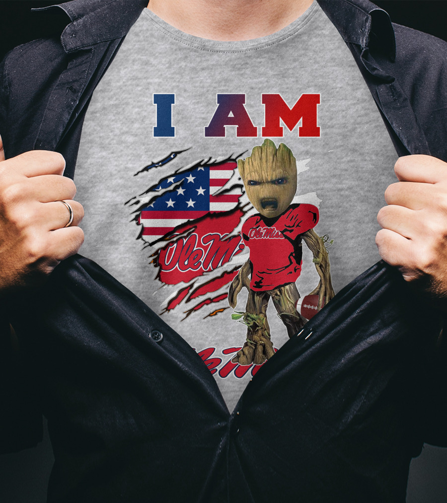 I Am Ole Miss Baby Groot Usa Flag Football T-Shirt