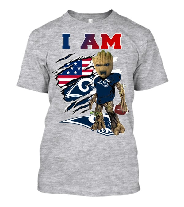 I AM Rams Baby Groot Football American Flag T-Shirt