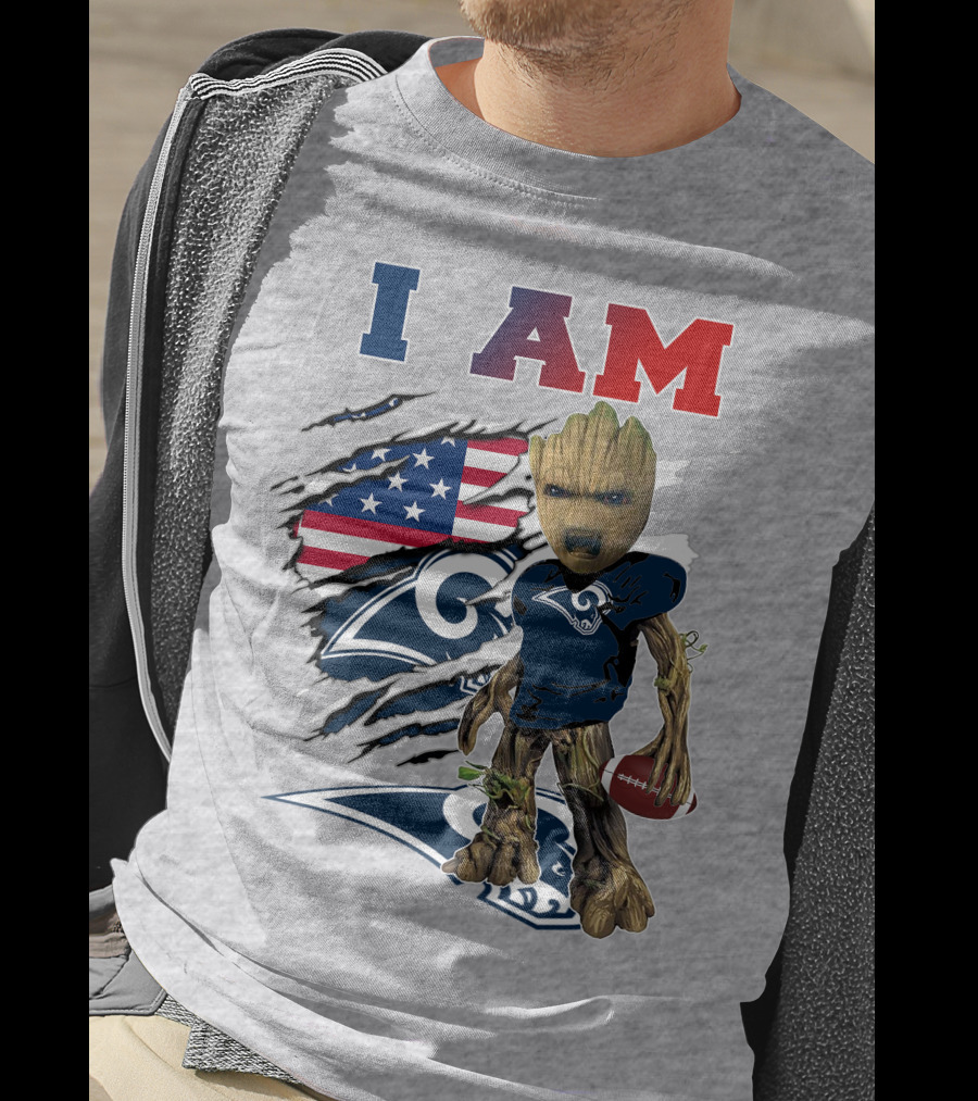 I AM Rams Baby Groot Football American Flag T-Shirt