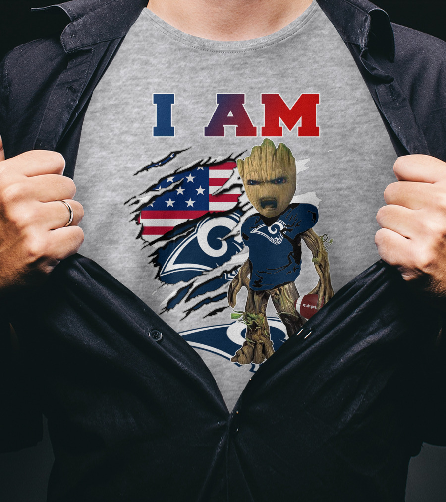 I AM Rams Baby Groot Football American Flag T-Shirt