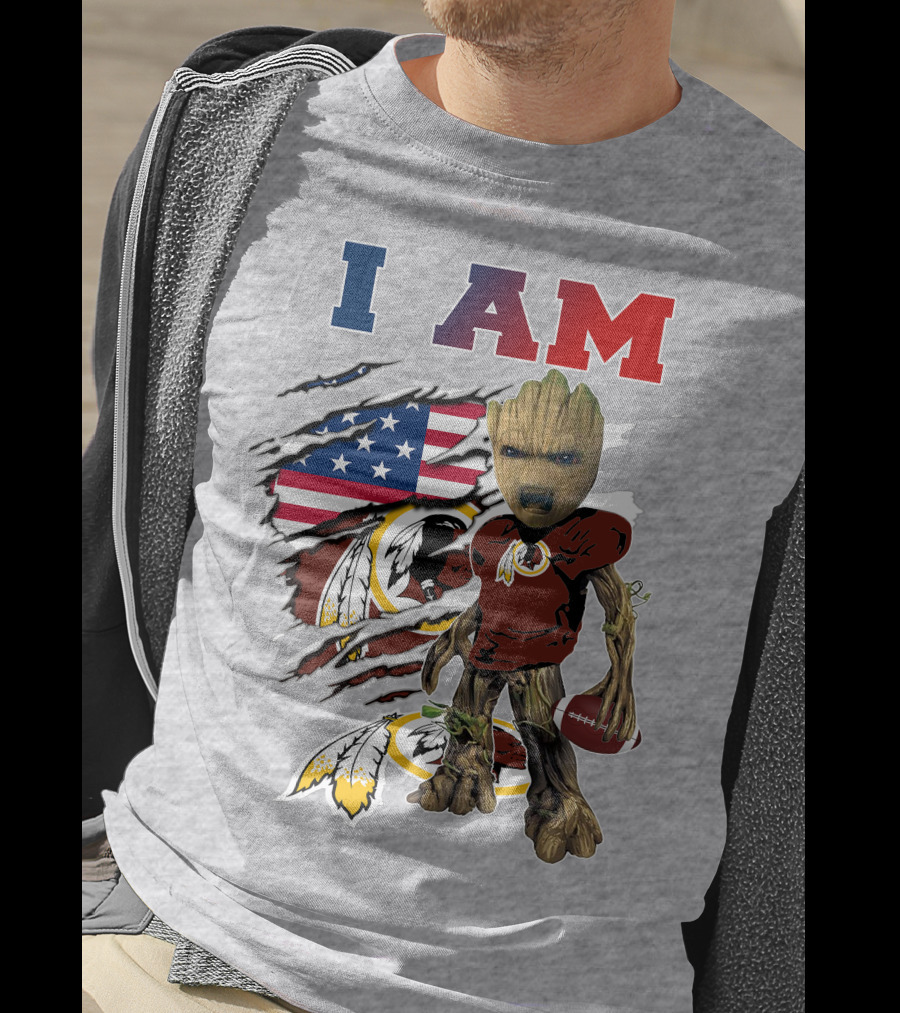 I AM Redskin Baby Groot Football USA Flag T-Shirt