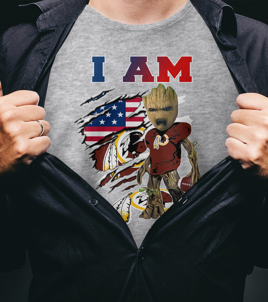 I AM Redskin Baby Groot Football USA Flag T-Shirt