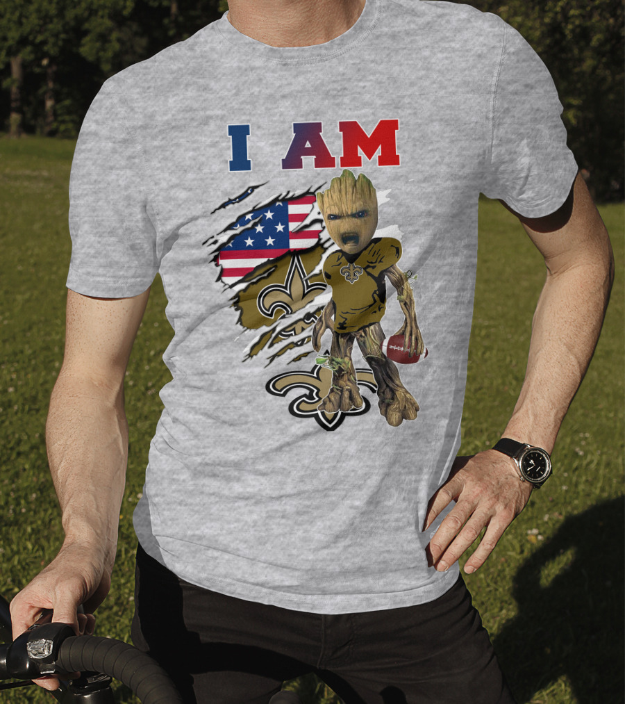 I Am Saints Baby Groot Nfl Football Fleur-De-Lis Usa Flag T-Shirt
