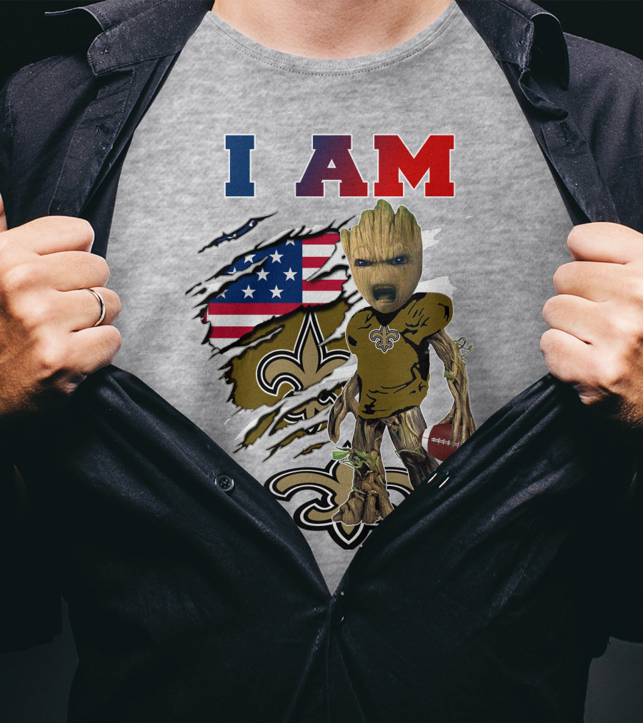 I Am Saints Baby Groot Nfl Football Fleur-De-Lis Usa Flag T-Shirt