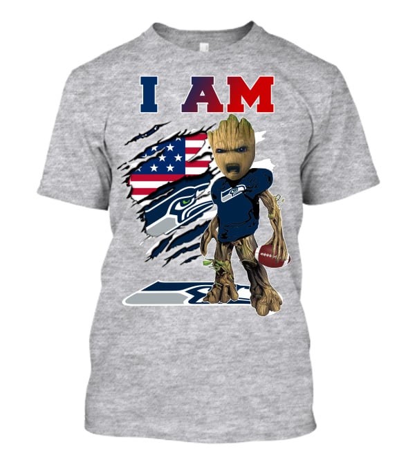 I AM Seahawks Baby Groot Football American Flag T-Shirt