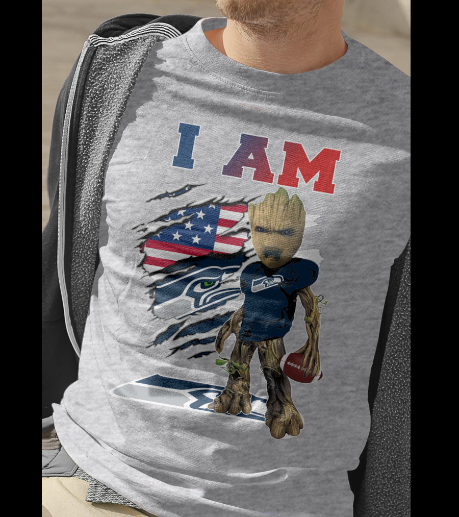 I AM Seahawks Baby Groot Football American Flag T-Shirt