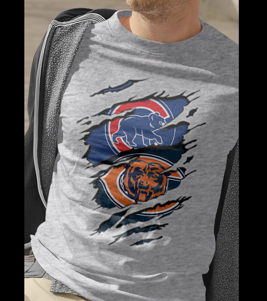 Cubs Bears Dual Logo Design Ripped Tear Combination T-Shirt