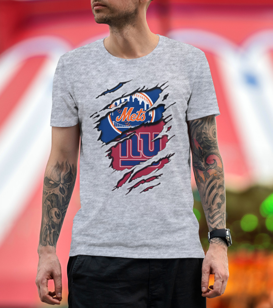 Mets Giants Baseball Football Crossover Ripped T-Shirt