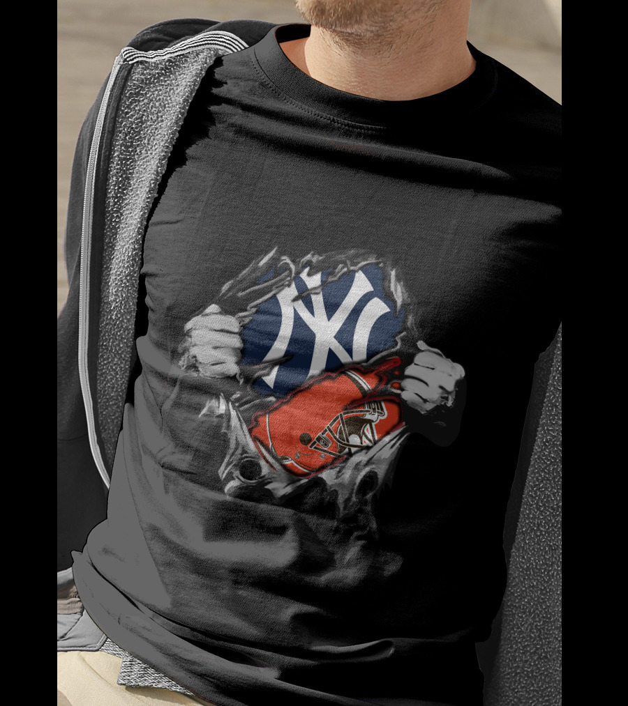 Yankees Browns Fusion Baseball And Football Fan Crossover T-Shirt