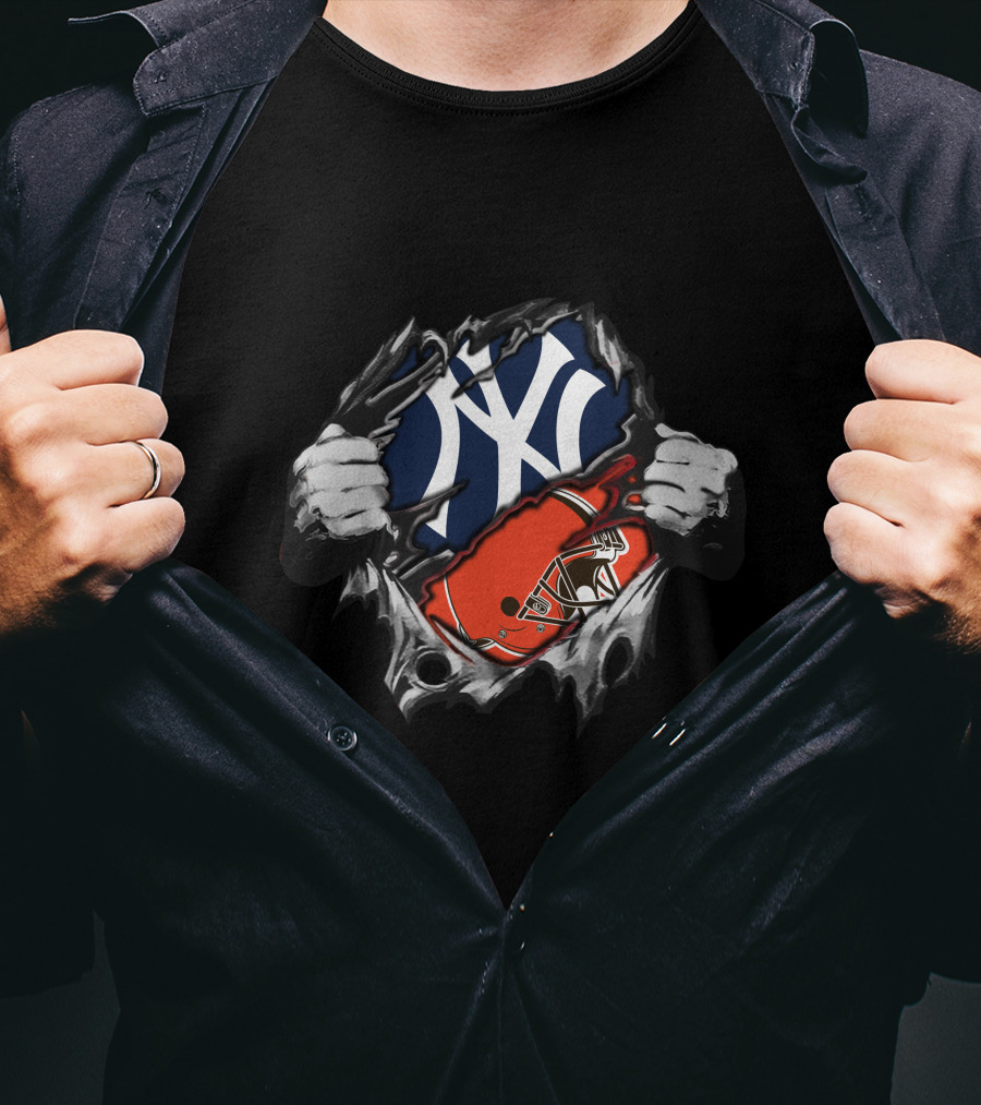Yankees Browns Fusion Baseball And Football Fan Crossover T-Shirt