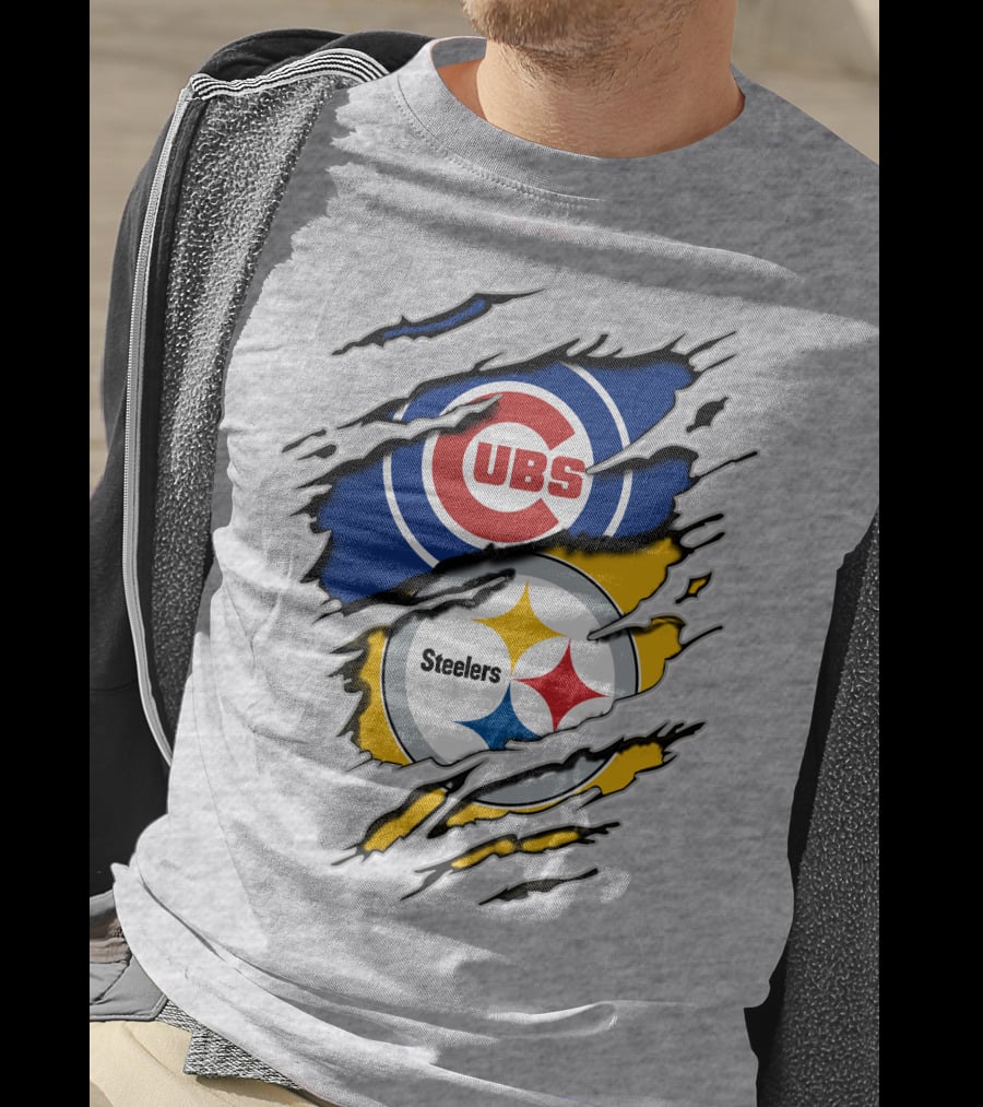 Steelers Cubs Logos With Torn Fabric T-Shirt