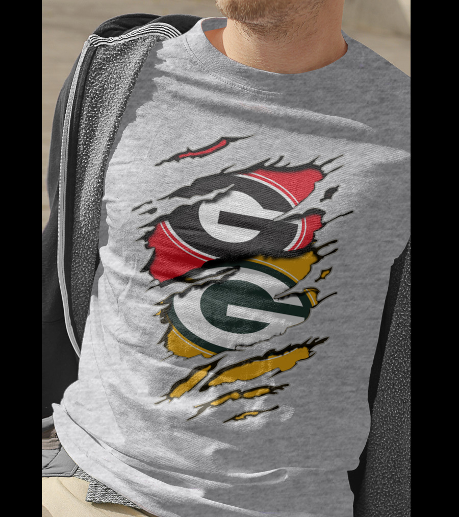 Green Bay Packers Georgia Bulldogs Dual Logo Rip Claw Marks T-Shirt