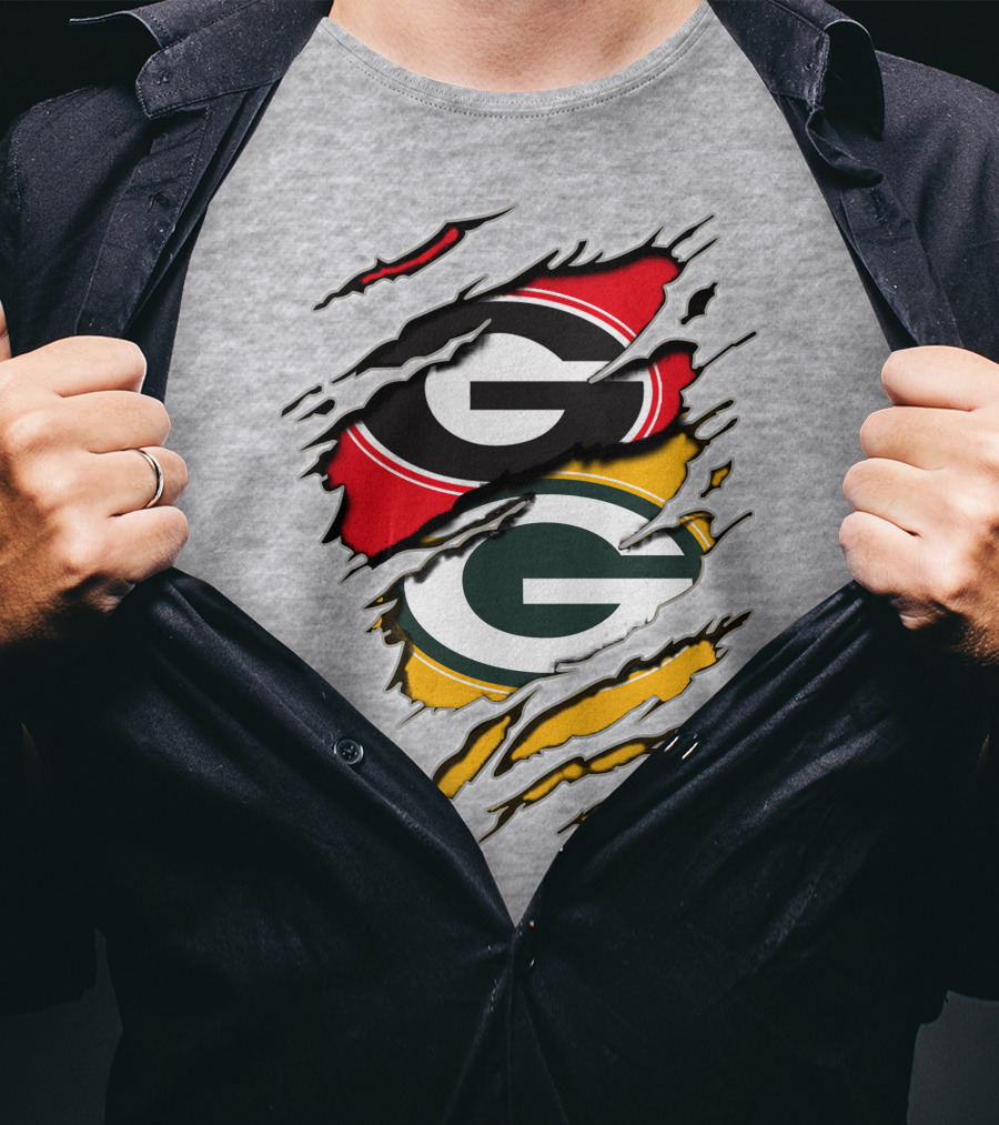 Green Bay Packers Georgia Bulldogs Dual Logo Rip Claw Marks T-Shirt