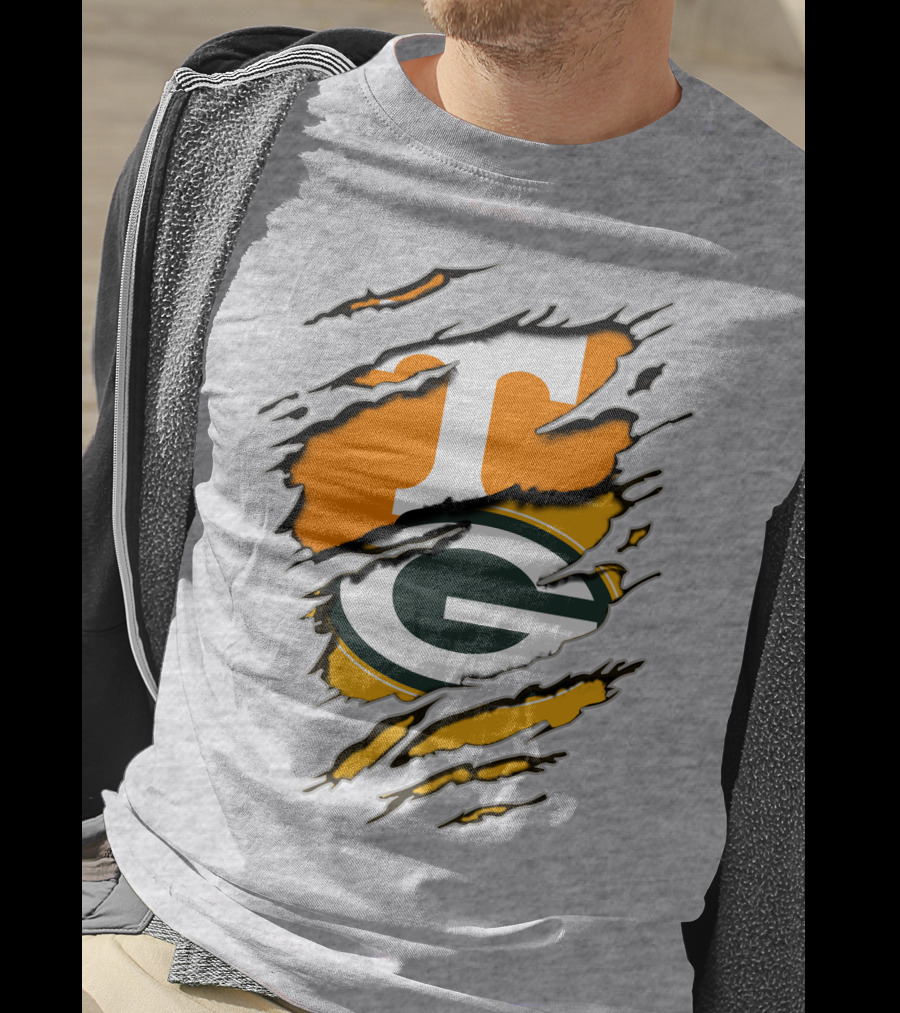 Tennessee Vols And Green Bay Packers Torn Logo Fusion T-Shirt