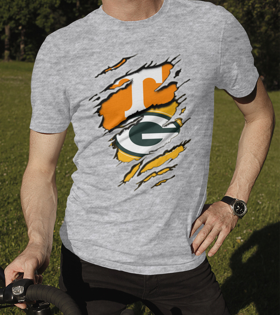 Tennessee Vols And Green Bay Packers Torn Logo Fusion T-Shirt