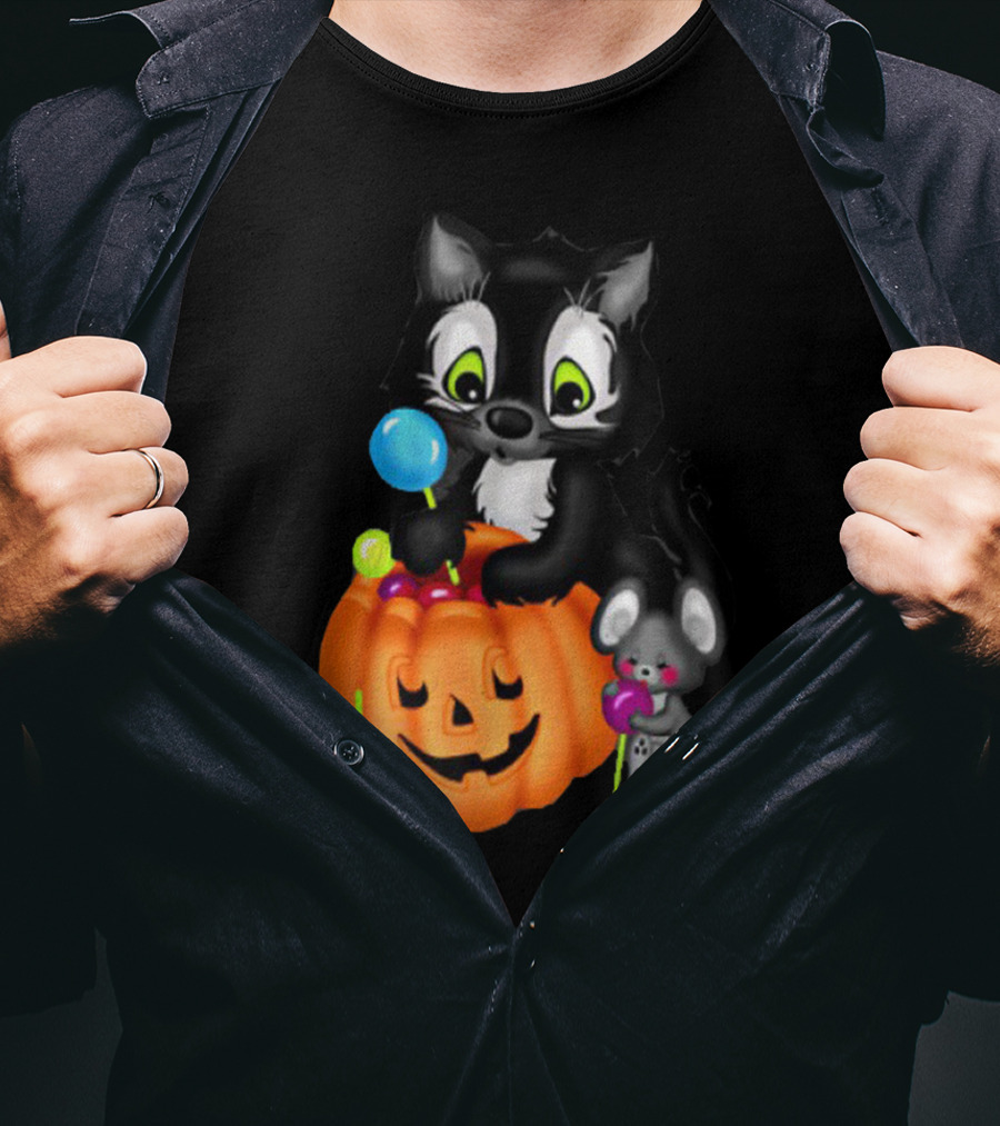 Halowen Cute Cat And Mouse With Candy And Pumpkin T-Shirt