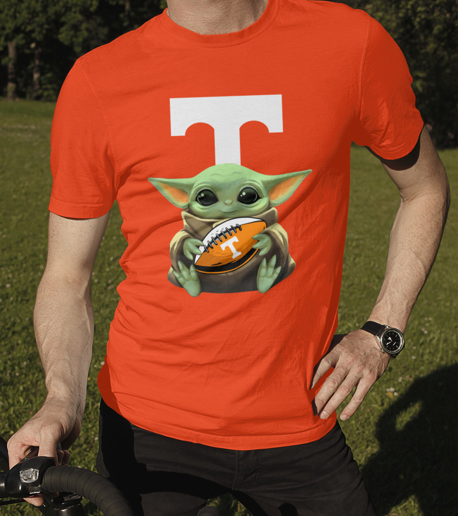 Baby Yoda Holding Tennessee Volunteers Football Ball T-Shirt