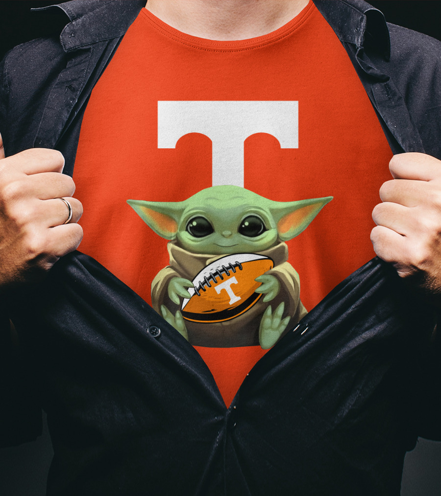 Baby Yoda Holding Tennessee Volunteers Football Ball T-Shirt
