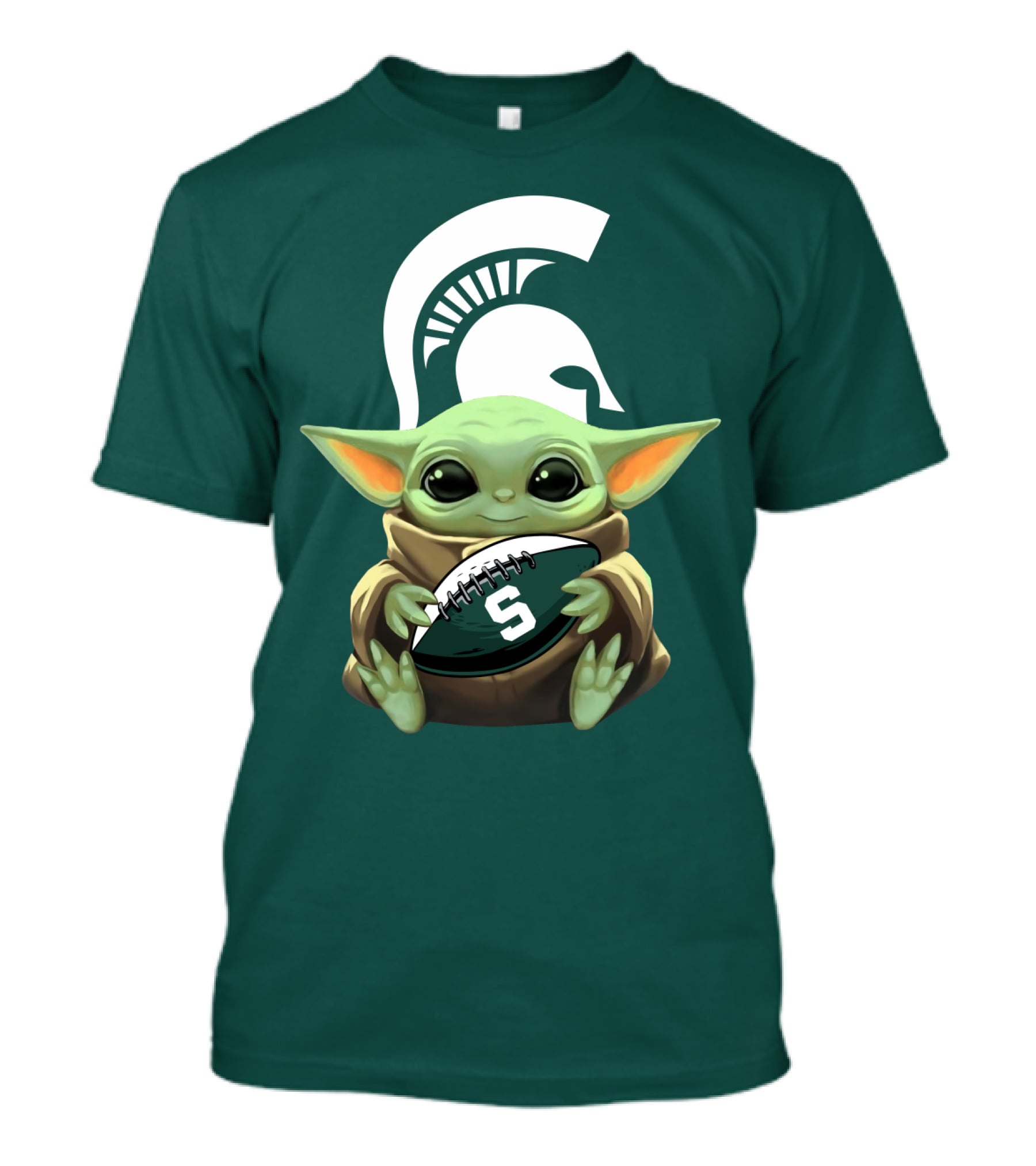 Baby Yoda Holding Football With Michigan State Spartans Helmet T-Shirt