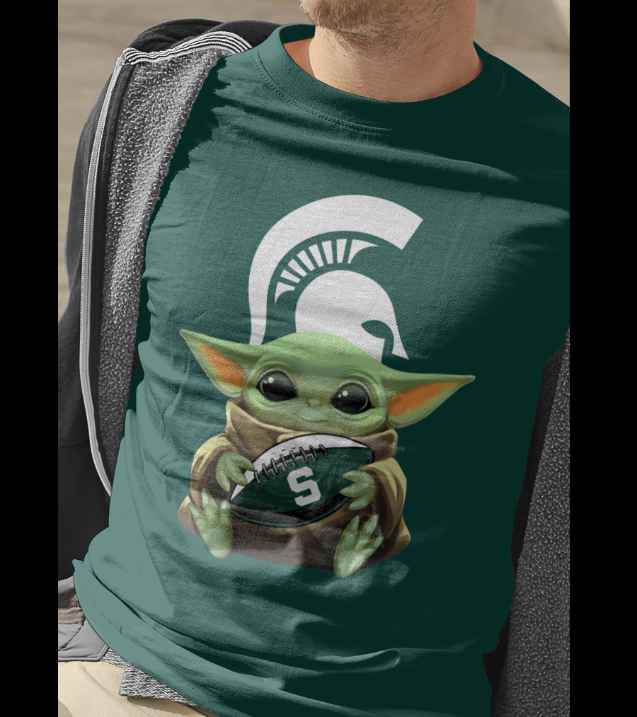 Baby Yoda Holding Football With Michigan State Spartans Helmet T-Shirt