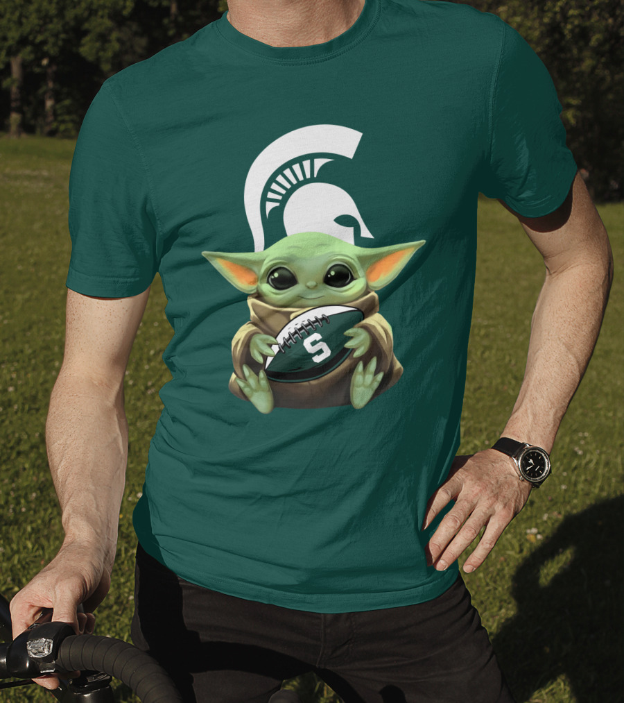 Baby Yoda Holding Football With Michigan State Spartans Helmet T-Shirt